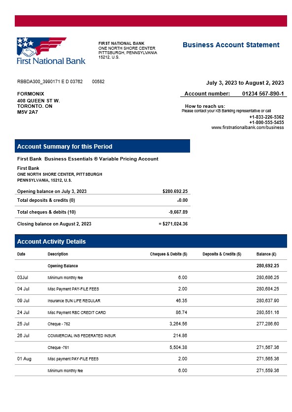 Modèle Word et PDF de relevé ferme de la Première Banque Nationale